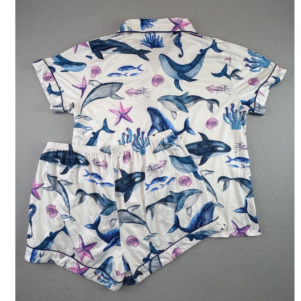 Whale Marine Life Pajama Set Short Sleeve Button Down Shorts XXL Blue White - Picture 8 of 8